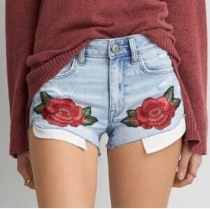 American Eagle Embroidered Floral Flower Hi-Rise Shortie Jean Shorts - Size 14